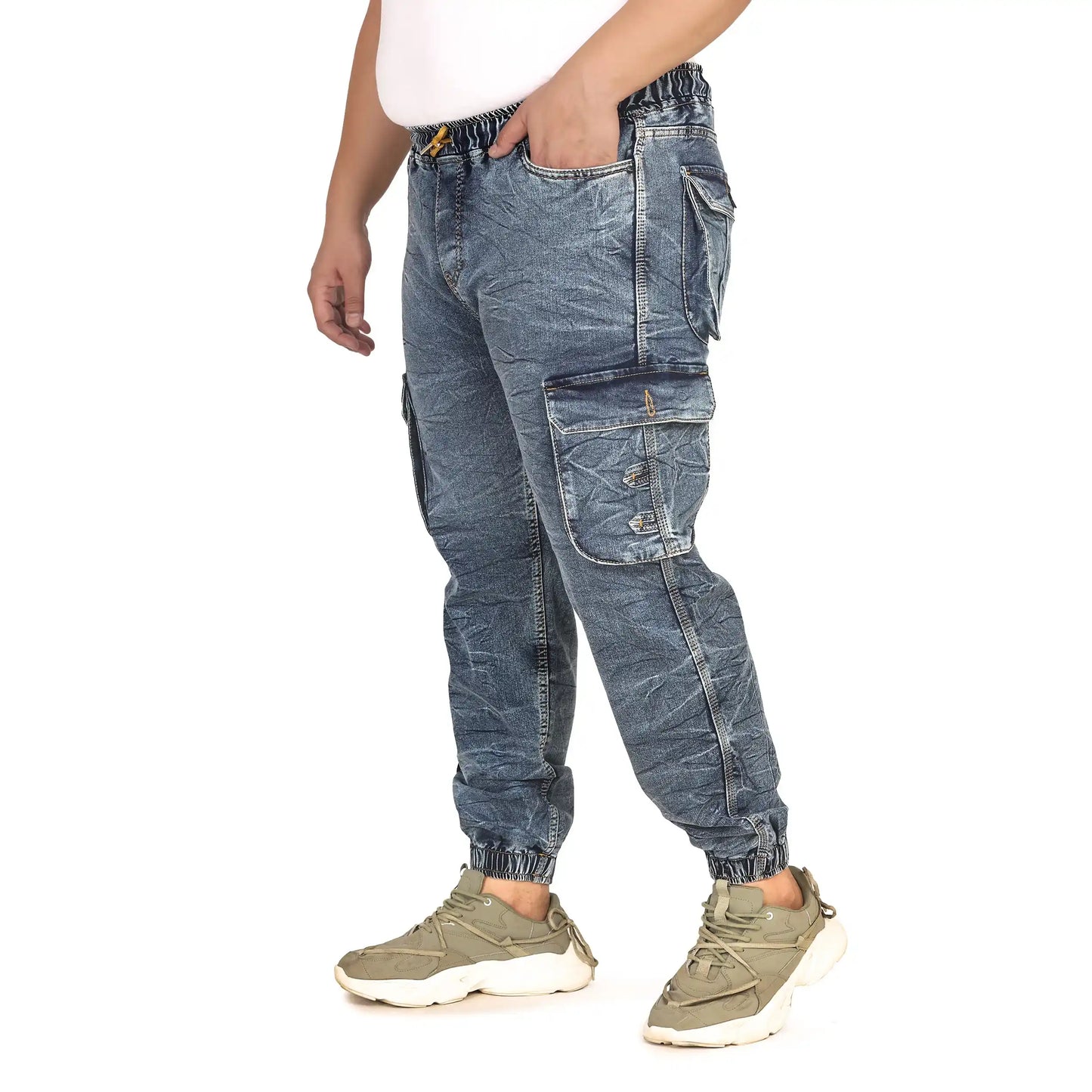 Kagad Jeans Men Regular and Plus Size Cargo Pocket Mid Blue Textured Indigo Denim Jogger - Style Code "KGDJGR-406013
