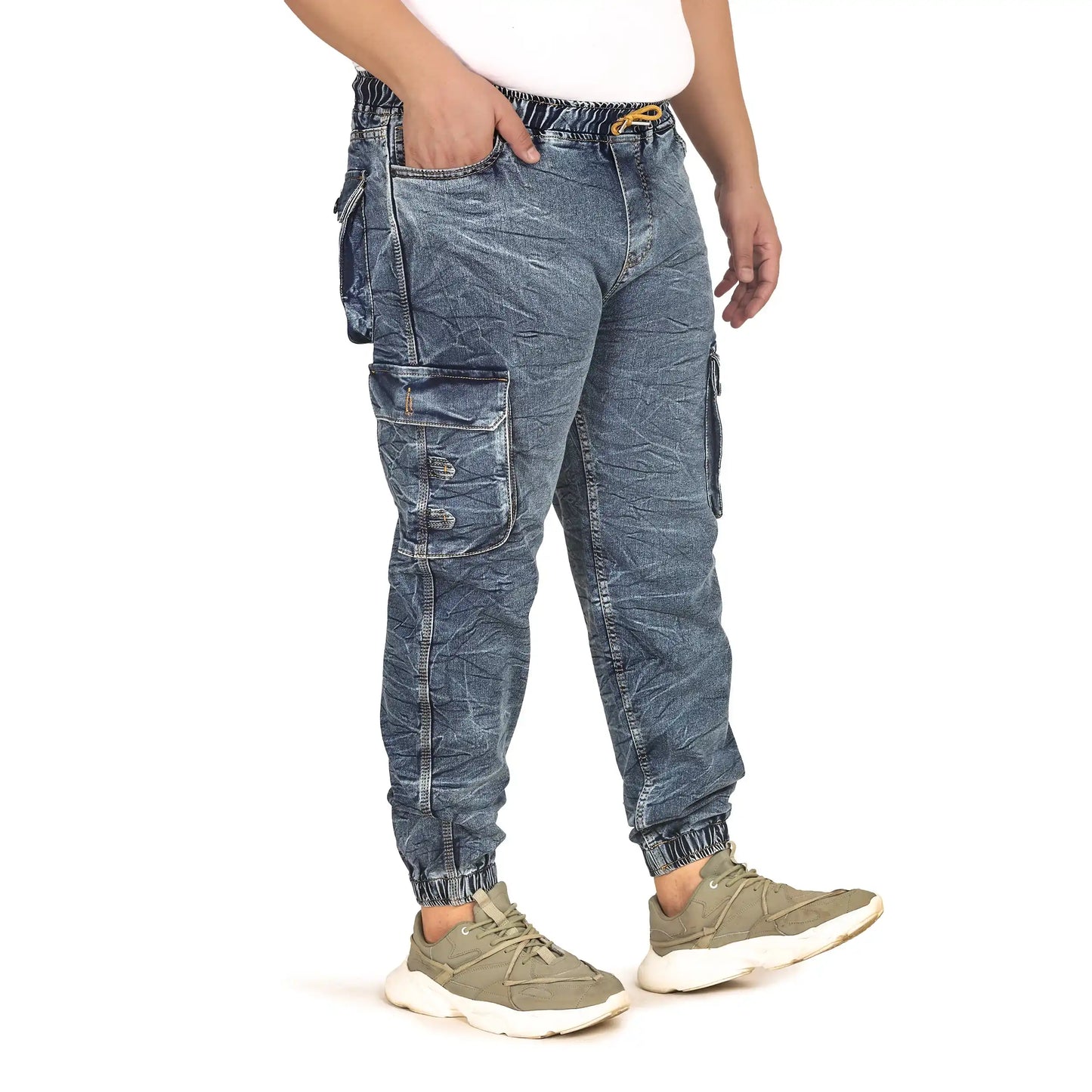 Kagad Jeans Men Regular and Plus Size Cargo Pocket Mid Blue Textured Indigo Denim Jogger - Style Code "KGDJGR-406013