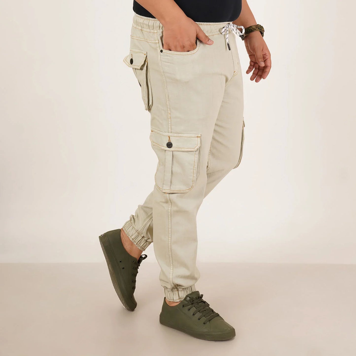 Kagad Jeans Mens Plus Size Loose Fit Pista Cream Color Denim Jogger - Style Code "KGDJGR-406065