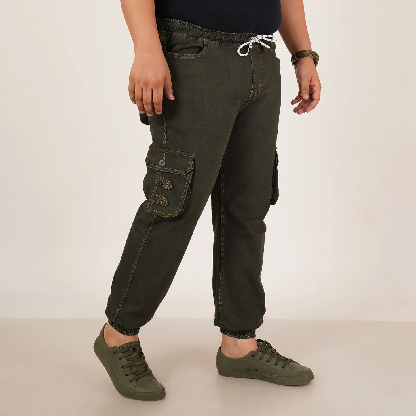 Kagad Jeans Mens Plus Size Loose Fit Deep Olive Color Denim Jogger - Style Code "KGDJGR-406063
