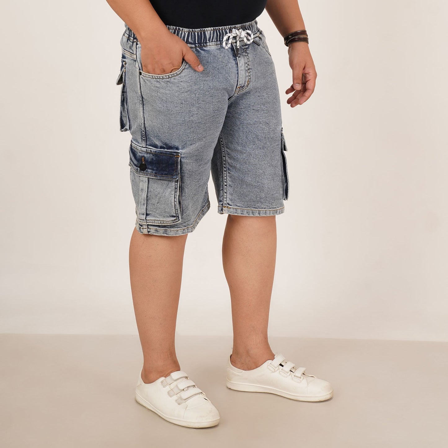 Kagad Jeans Mens Plus Size Loose Fit Water Blue Color Denim Cargo Pocket Short - Style Code "KGDST-406075