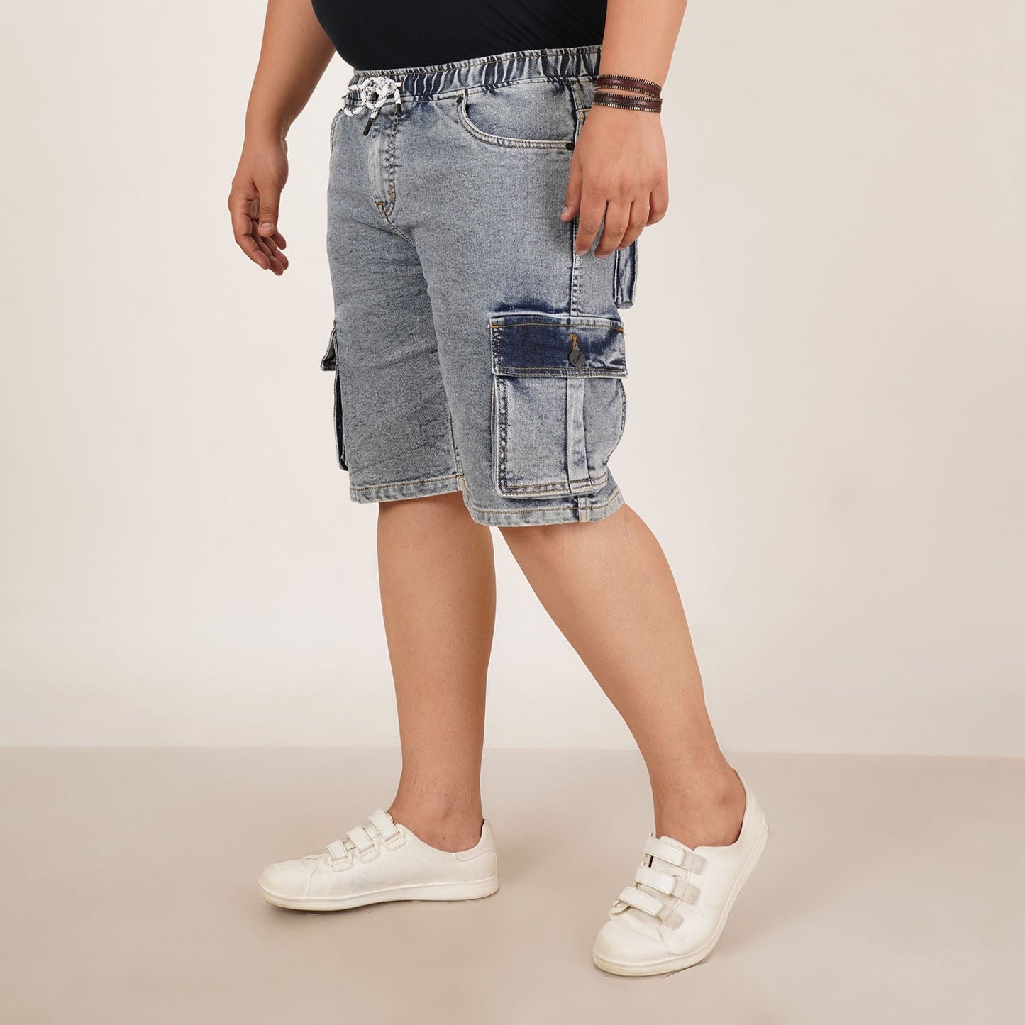 Kagad Jeans Mens Plus Size Loose Fit Water Blue Color Denim Cargo Pocket Short - Style Code "KGDST-406075