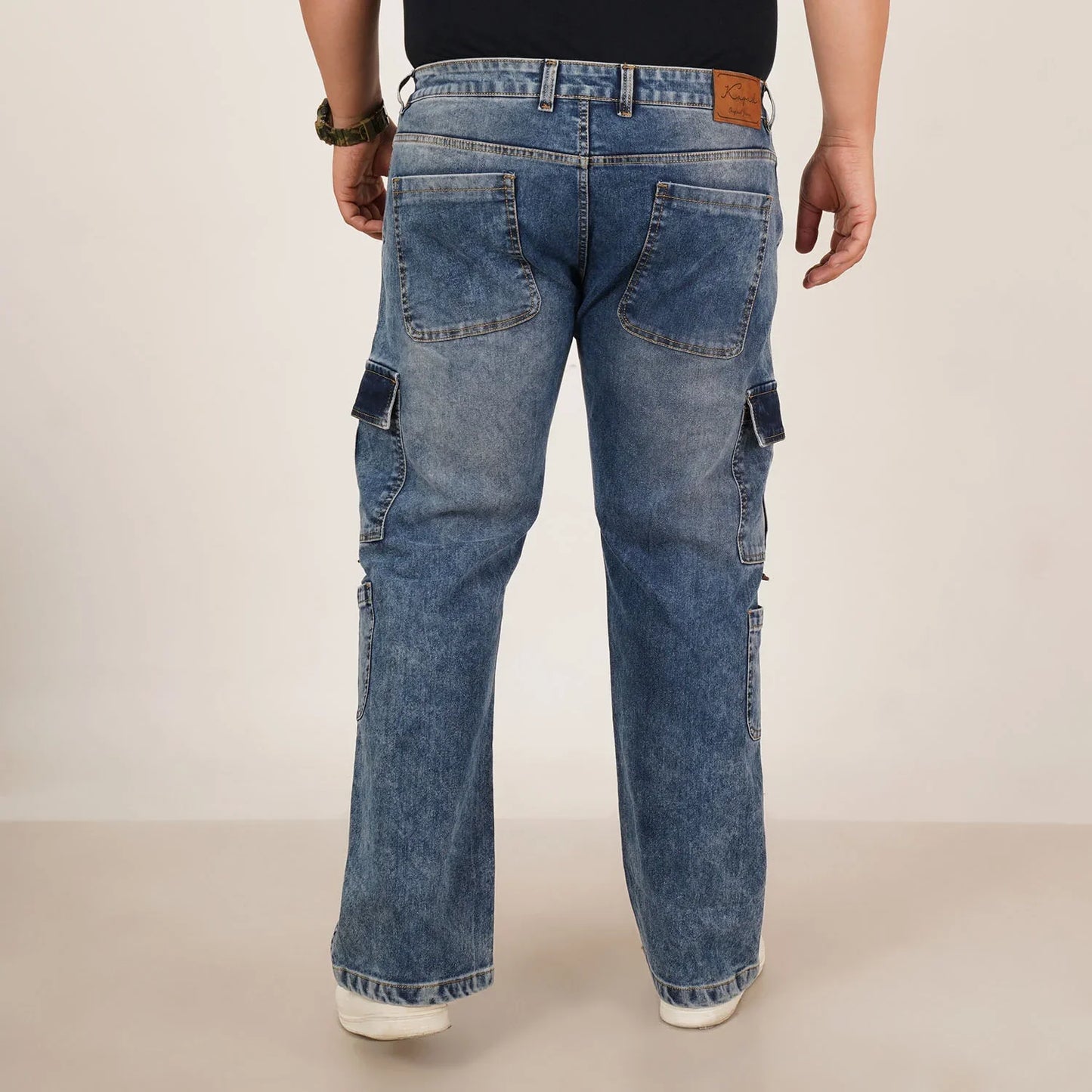 Kagad Jeans Mens Plus Size Straight Fit Mid Blue Color Denim Cargo Jeans - Style Code "KGDCR-406051