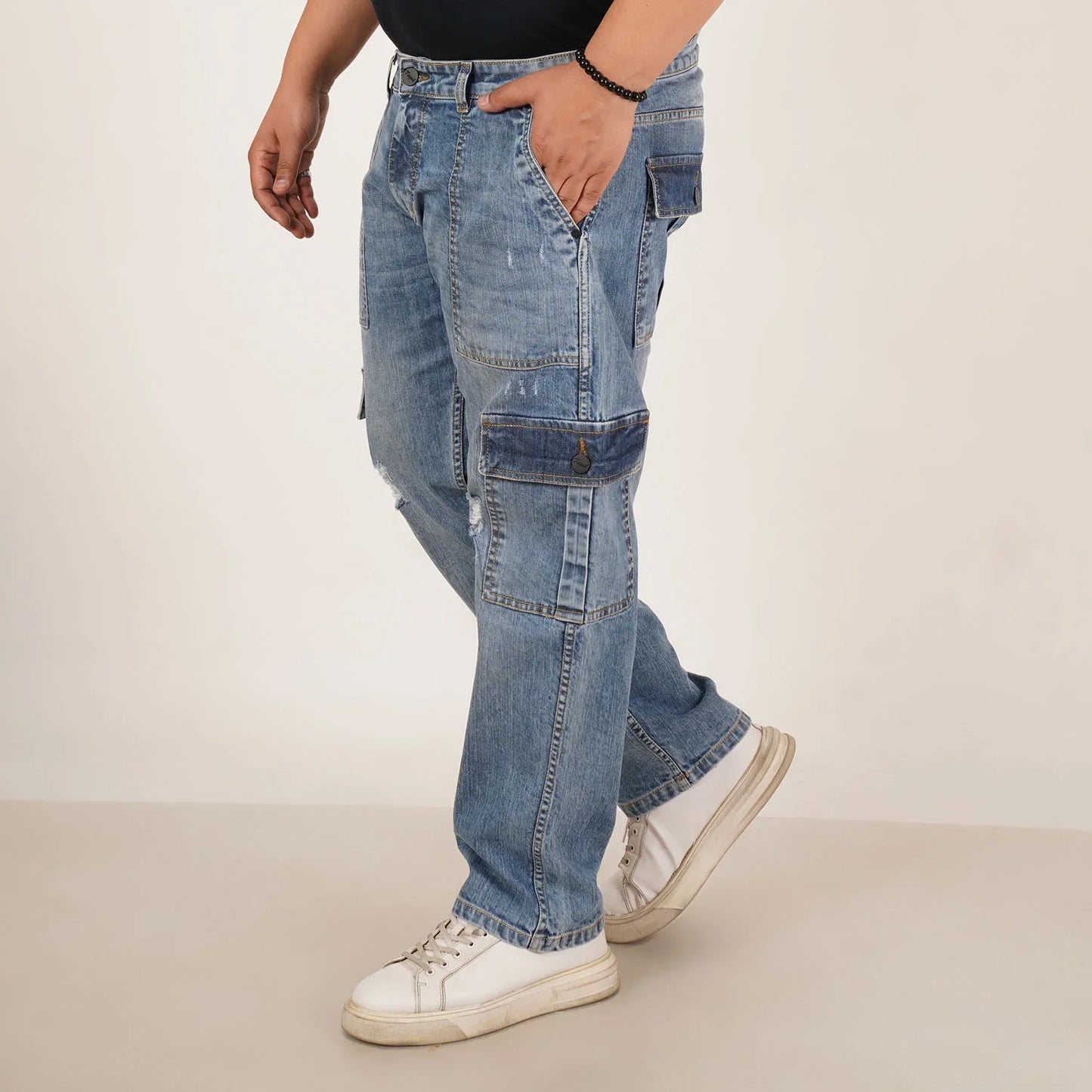 Kagad Jeans Mens Plus Size Straight Fit Light Blue Color Denim Cargo Jeans - Style Code "KGDCR-406050