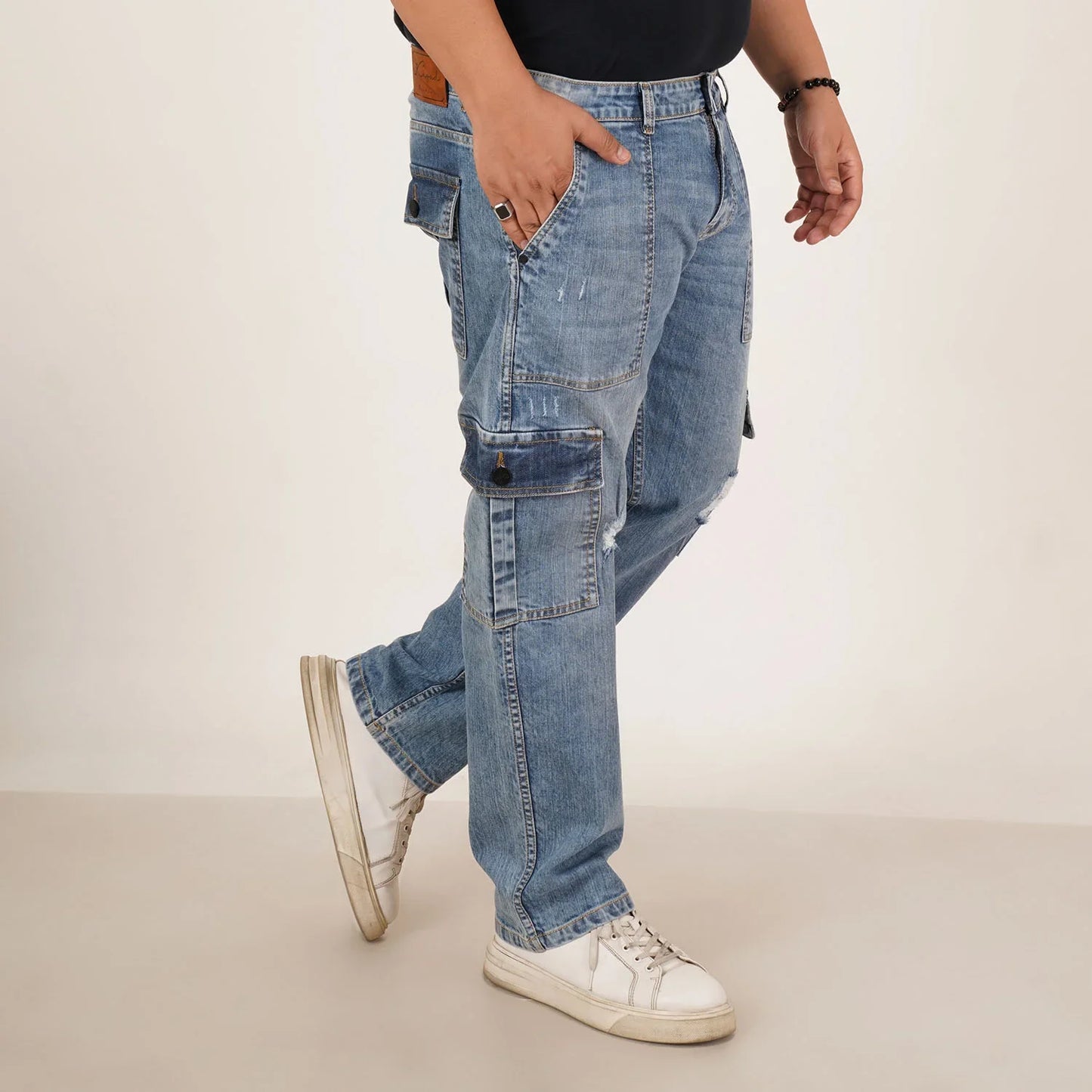Kagad Jeans Mens Plus Size Straight Fit Light Blue Color Denim Cargo Jeans - Style Code "KGDCR-406050