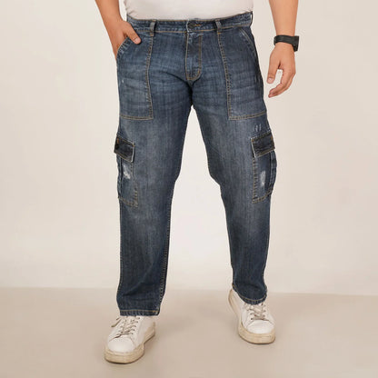 Kagad Jeans Mens Plus Size Straight Fit Sea Blue Tint  Color Denim Cargo Jeans - Style Code "KGDCR-406048