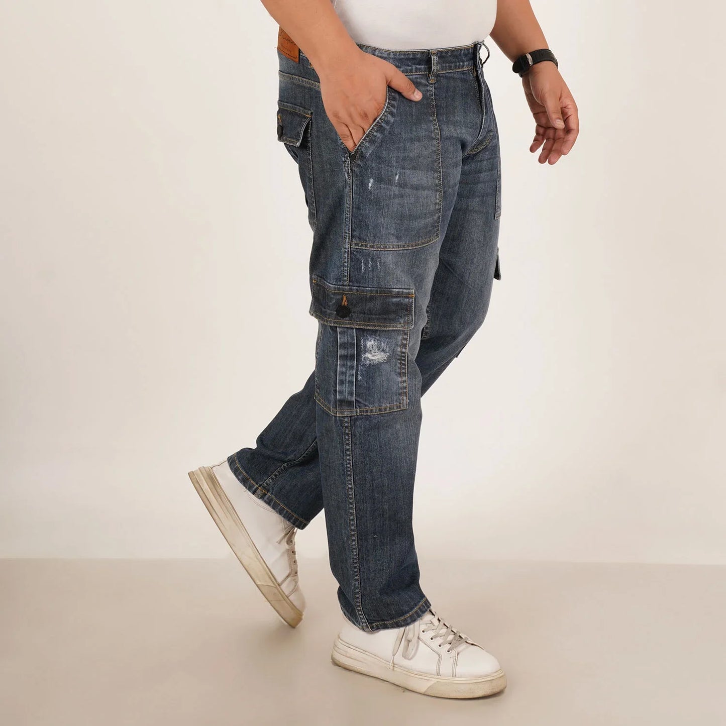 Kagad Jeans Mens Plus Size Straight Fit Sea Blue Tint  Color Denim Cargo Jeans - Style Code "KGDCR-406048
