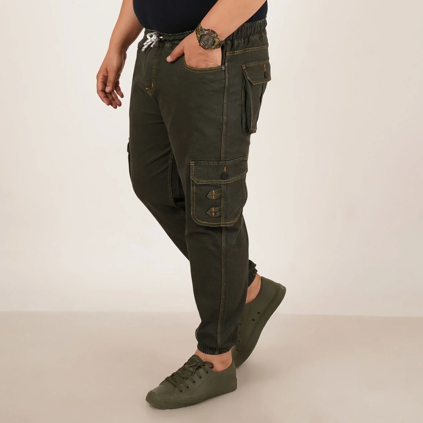 Kagad Jeans Mens Plus Size Loose Fit Deep Olive Color Denim Jogger - Style Code "KGDJGR-406063