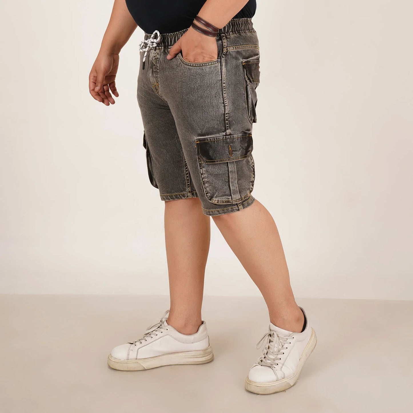 Kagad Jeans Mens Plus Size Loose Fit Charcoal Grey Color Denim Cargo Pocket Short - Style Code "KGDST-406074