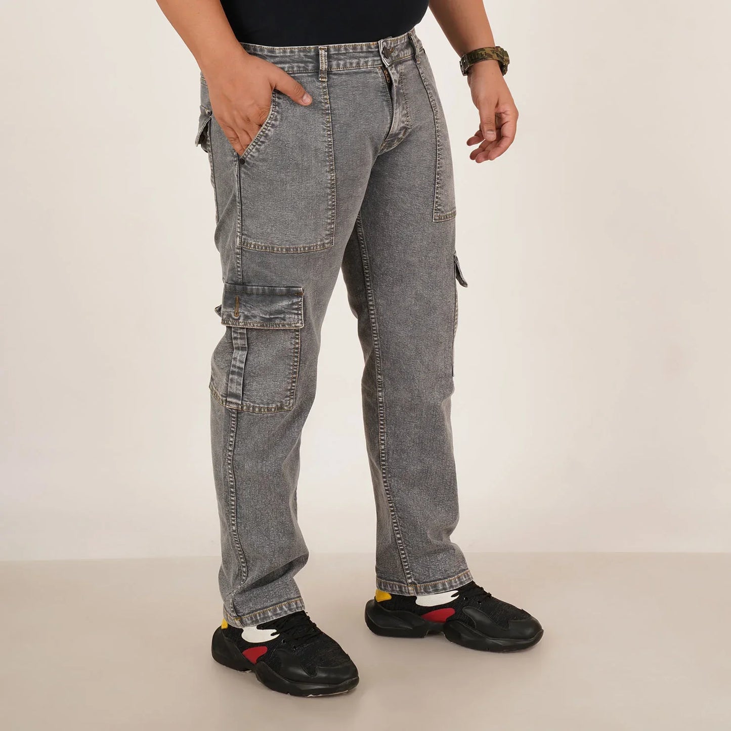 Kagad Jeans Mens Plus Size Straight Fit Grey Color Denim Cargo Jeans - Style Code "KGDCR-406049