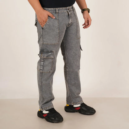 Kagad Jeans Mens Plus Size Straight Fit Grey Color Denim Cargo Jeans - Style Code "KGDCR-406049
