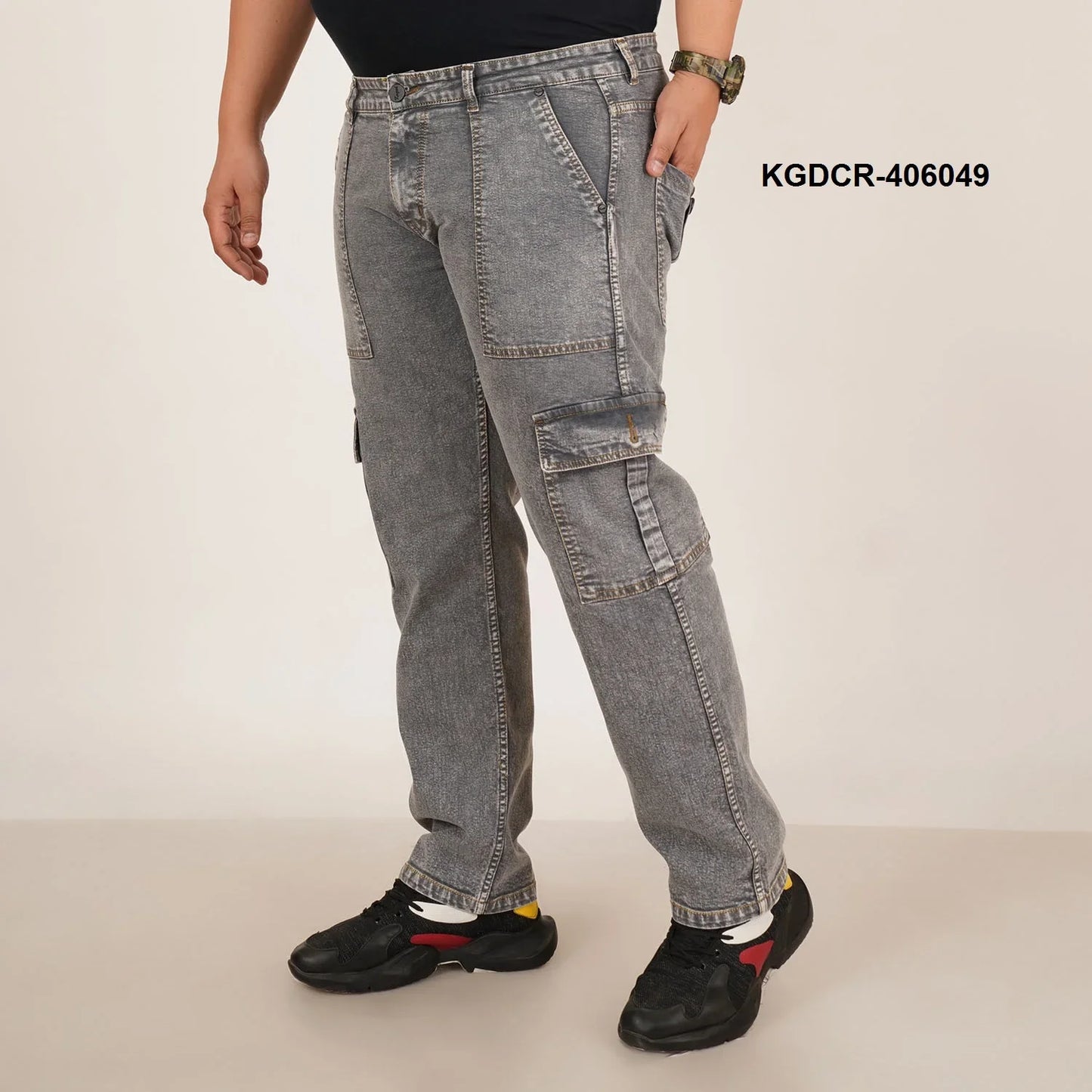 Kagad Jeans Mens Plus Size Straight Fit Grey Color Denim Cargo Jeans - Style Code "KGDCR-406049
