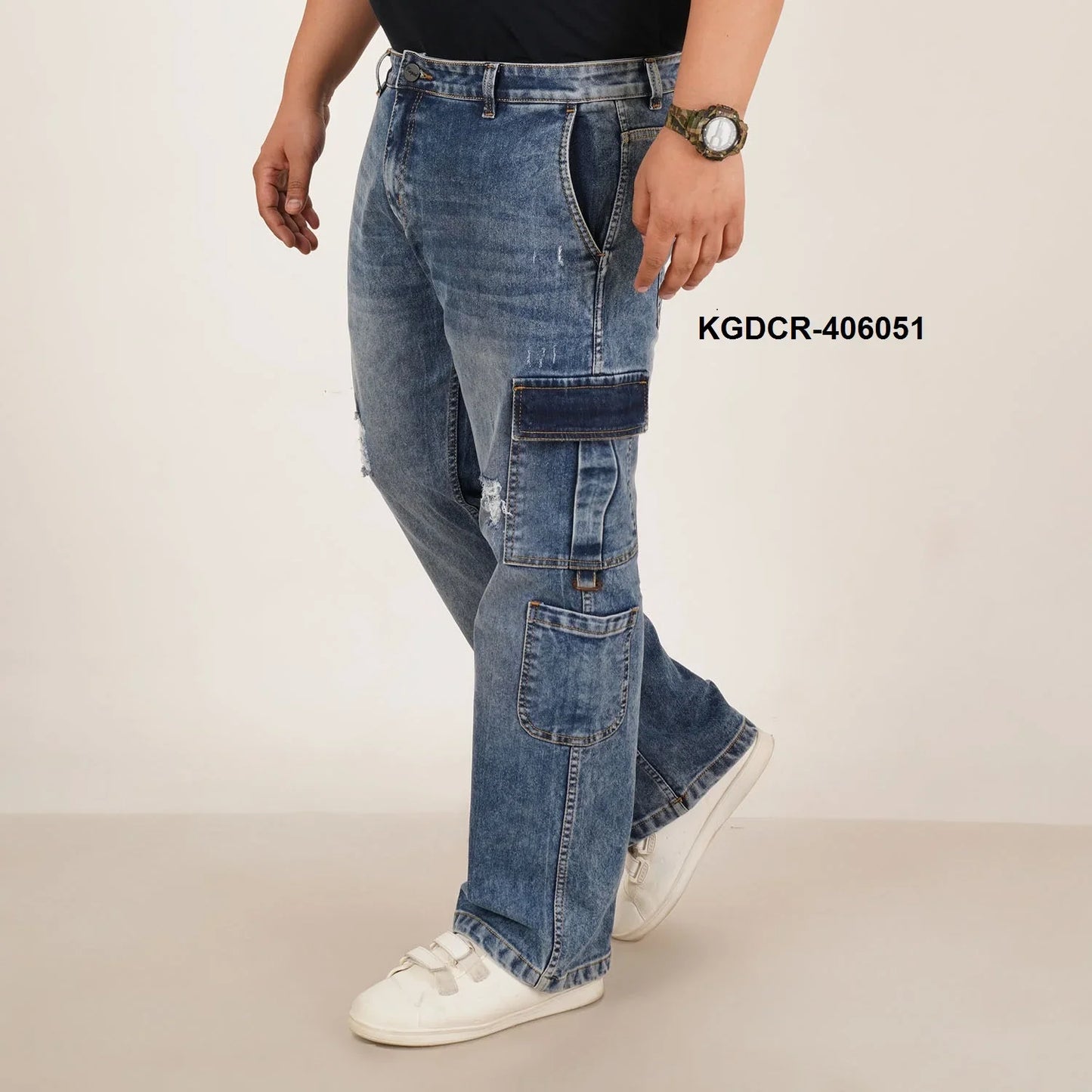 Kagad Jeans Mens Plus Size Straight Fit Mid Blue Color Denim Cargo Jeans - Style Code "KGDCR-406051