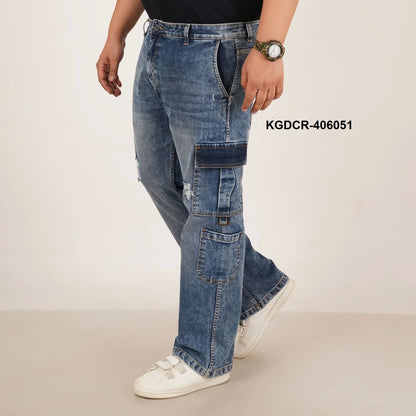 Kagad Jeans Mens Plus Size Straight Fit Mid Blue Color Denim Cargo Jeans - Style Code "KGDCR-406051