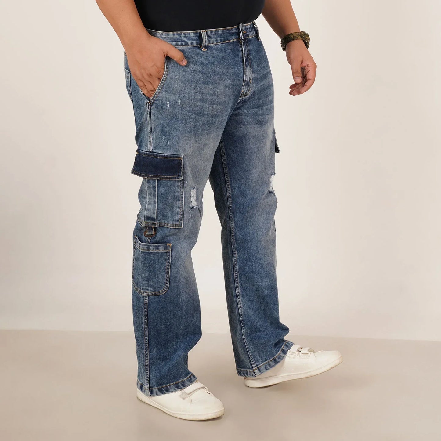Kagad Jeans Mens Plus Size Straight Fit Mid Blue Color Denim Cargo Jeans - Style Code "KGDCR-406051